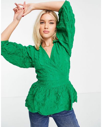 Pieces Puff-sleeved Wrap Blouse - Green