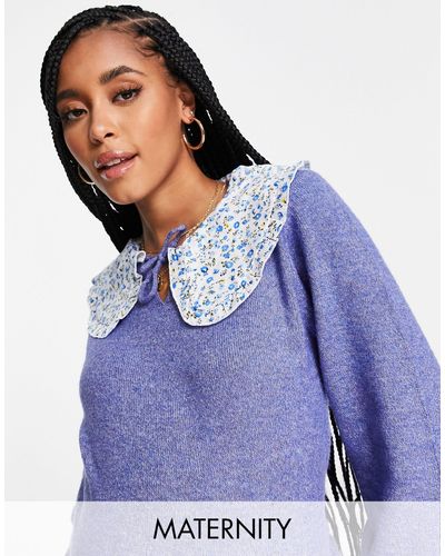 Mama.licious Mamalicious Maternity Jumper With Floral Prairie Collar - Blue