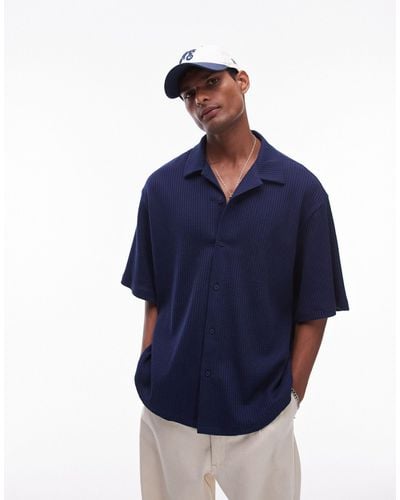 TOPMAN Oversized Fit Waffle Button Through Shirt - Blue