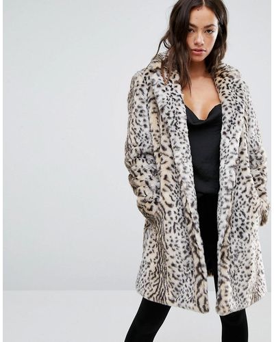 New Look Faux Fur Leopard Print Coat - White