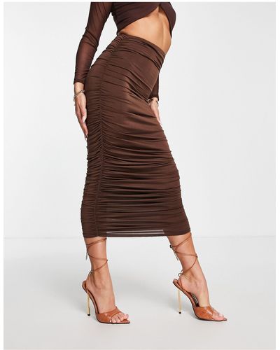 Femme Luxe Ruched Midi Skirt Co-ord - Brown