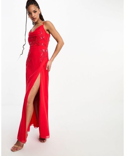 Hope & Ivy Cowl Neck Embellished Maxi Dress - Red