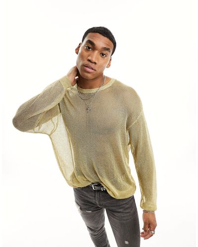 ASOS Knitted Metallic Mesh Long Sleeve Sweater - Natural