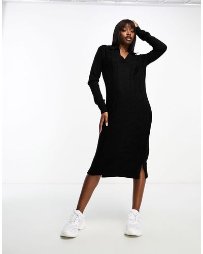 Threadbare Sadie V Neck Cable Knitted Midi Sweater Dress - Black