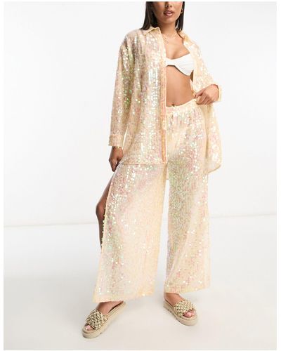 Miss Selfridge Festival Sequin Sheer Oversized Shirt Co-ord - Natural