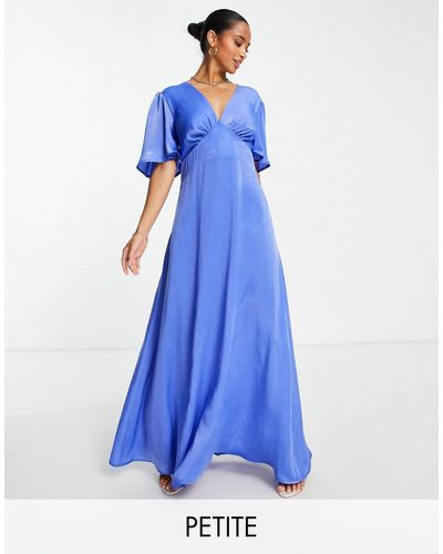 Flounce London Satijnen Maxi-jurk Met Fladdermouwen En Diepuitgesneden Voorkant - Blauw