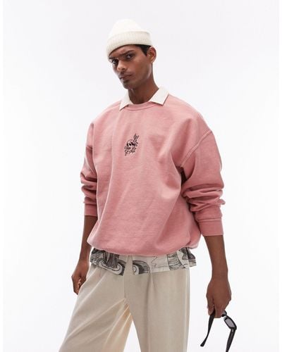 TOPMAN Oversized Fit Sweatshirt With Skull Tattoo Embroidery - Pink