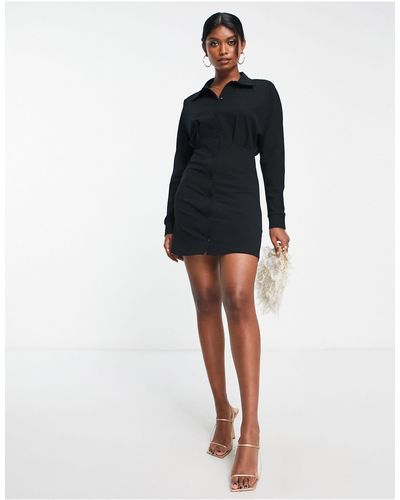 ASOS Long Sleeve Mini Shirt Dress With Ruching Detail - Black