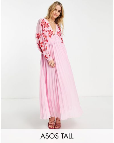 ASOS Asos Design Tall Batwing Plunge Pleated Maxi Dress With Embroidery - Pink