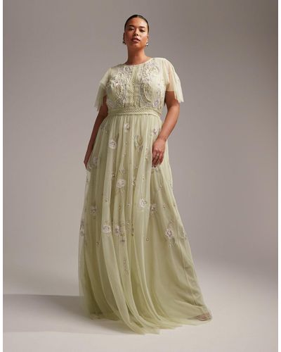 ASOS Curve Bridesmaid Pearl Embellished Flutter Sleeve Maxi Dress With Floral Embroidery - Natural