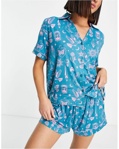 Chelsea Peers Alchemy Short Button Up Pajama Set - Blue