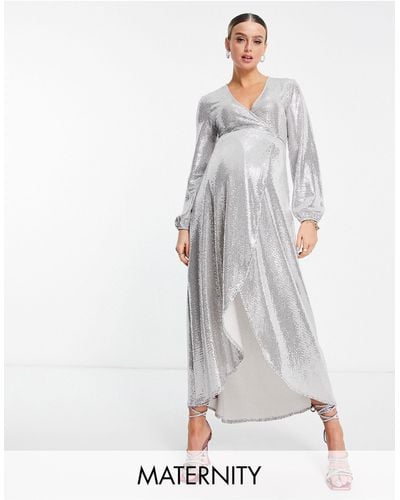 Flounce London Long Sleeve Wrap Maxi Dress - Grey