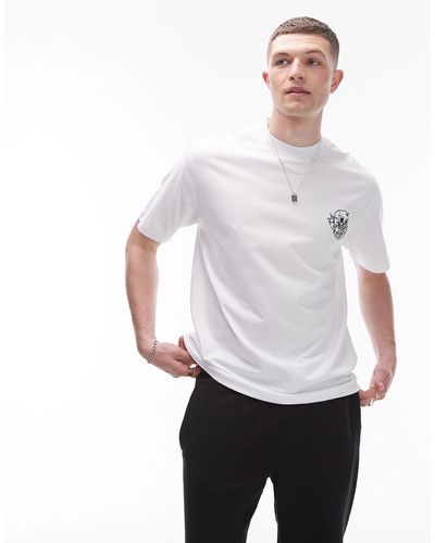 TOPMAN T-shirt oversize bianca con ricamo con teschio e scritta - Bianco