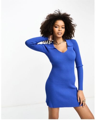Glamorous Collar Detail Fit And Flare Knit Mini Dress - Blue