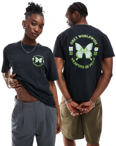 Obey T-shirt unisexe teint sur pièce avec imprimé papillon - Noir