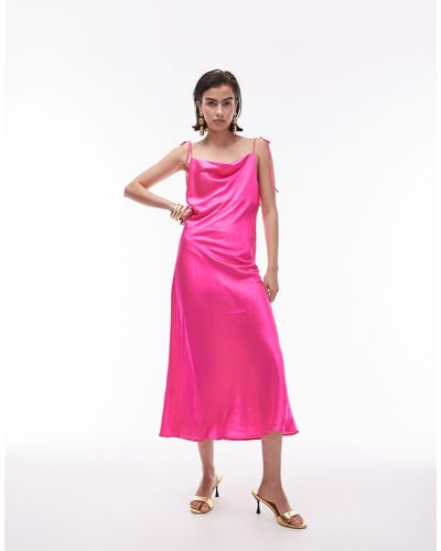 TOPSHOP Cowl Neck Tie Shoulder Midi Slip Dress - Pink