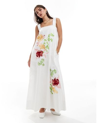 ASOS Embroidered Floral Square Neck Midi Dress - White