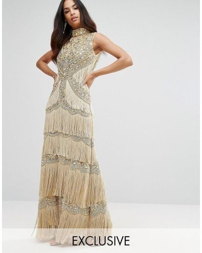 A Star Is Born Embellished High Neck Maxi Dress With Fringe - Metallic