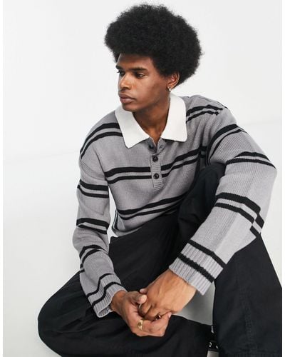 Collusion Knitted Striped Polo - Black