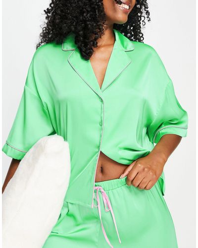 ASOS Mix & Match Satin Pajama Shirt With Contrast Piping - Green