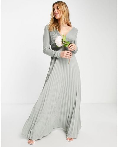 ASOS Bridesmaid Pleated Long Sleeve Maxi Dress With Satin Wrap Waist - Green