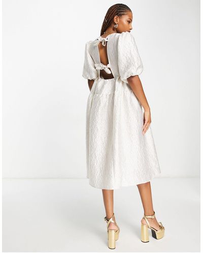 Monki Midi Puff Sleeve Dress With Cut Out Bow Back - White