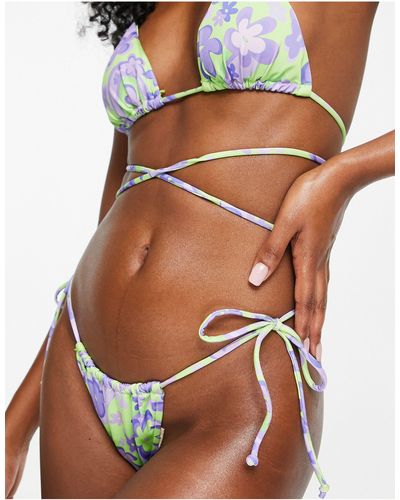 Bershka Mix & match - slip bikini acceso con stampa a fiori - Verde