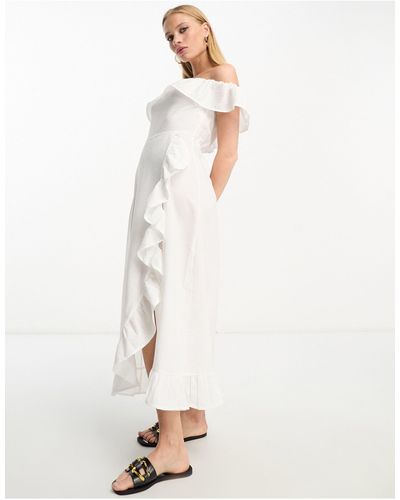 River Island Textured Bardot Frill Midi Dress - White