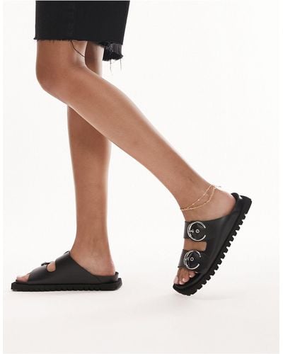 TOPSHOP Prince Leather Flat Sandal With Buckles - Black