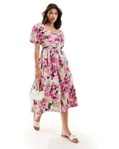 Abercrombie & Fitch Emerson - robe mi-longue en lin mélangé à manches bouffantes - à imprimé fleurs - Rouge