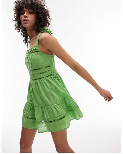 TOPSHOP Tie Strap Embroidered Mini Beach Dress - Green