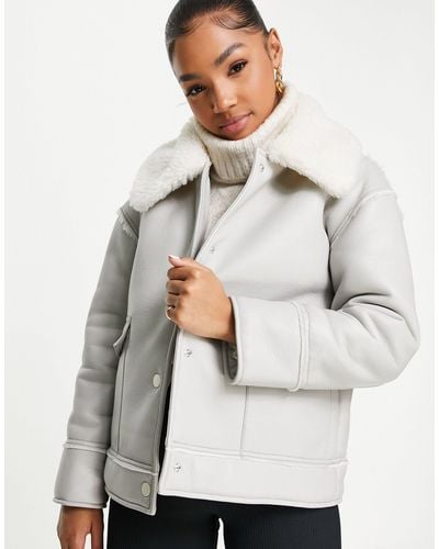 Miss Selfridge Faux Fur Collar Aviator With Front Pockets - Grey