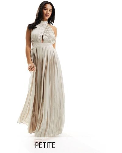 TFNC London Bridesmaid Satin Pleated Halterneck Maxi Dress With Full Skirt - Natural