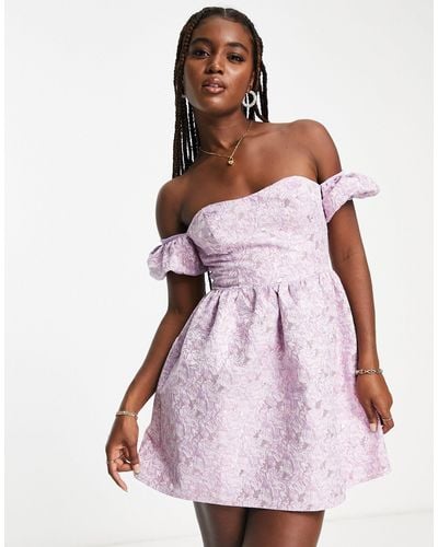 Miss Selfridge Jacquard Puff Sleeve Bardot Mini Dress - Purple