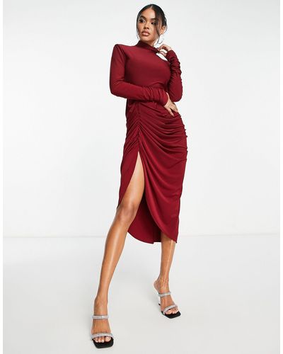 Aria Cove High Neck Ruched Midi Dress With Thigh Split - Red