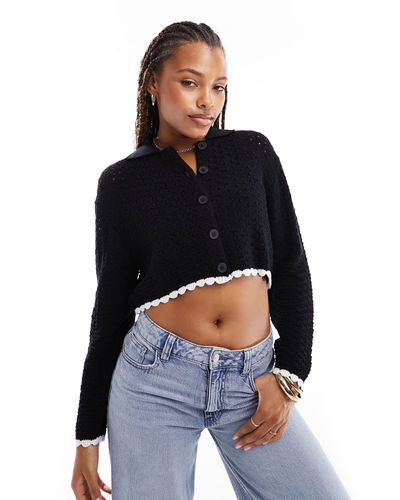 ASOS Open Stitch Knit Shirt Cardigan With Tipping - Black