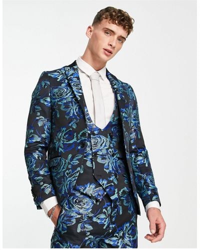 Twisted Tailor Owsley - giacca da abito nera con motivo jacquard floreale verde-azzurro e menta - Blu