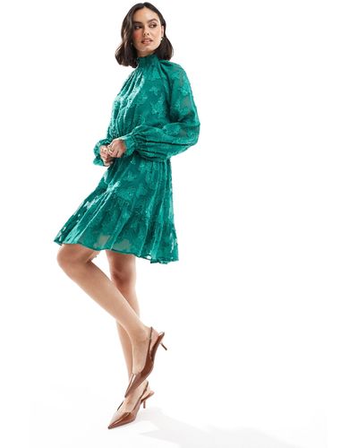 ASOS High Neck Big Sleeve Jacquard Mini Dress - Green