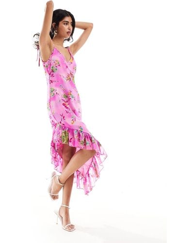 ASOS Satin Burnout Cami Dress With Asymmetric Frill Hem - Pink