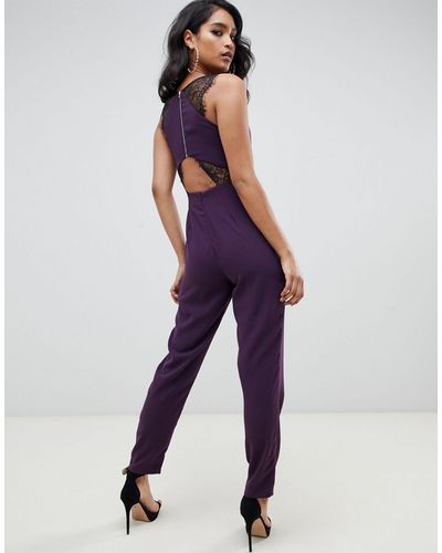ASOS Lace Trim Peg Leg Jumpsuit - Purple