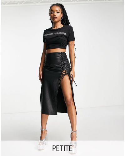 Topshop Unique Leather Look Tie Up High Split Midi Skirt - Black