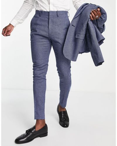 ASOS Wedding Linen Mix Super Skinny Suit Trousers With Puppytooth Check - Blue