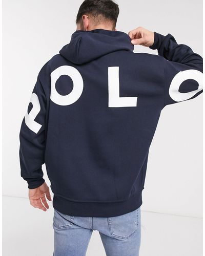 Polo Ralph Lauren – Marineblauer Oversize-Kapuzenpullover mit großem Print am Rücken und Polospielerlogo