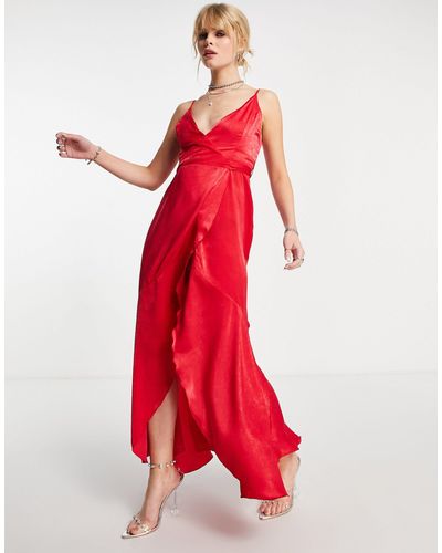Flounce London Satijnen Midi-jurk Met Overslag Aan - Rood