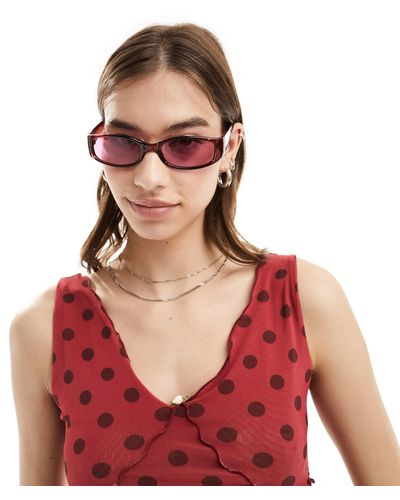 Reclaimed (vintage) Slim Rectangle Wrap Sunglasses - Red