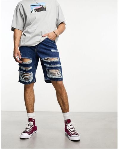 The Ragged Priest Relaxed Skate Shorts With Distressing - Blue