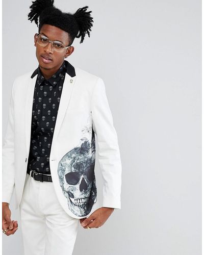 Noose And Monkey Super Skinny Printed Skull Tuxedo Suit Jacket - White