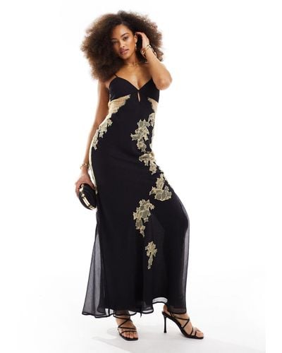 ASOS Chiffon Lace Applique Maxi Dress With Bias Cut Skirt - Black