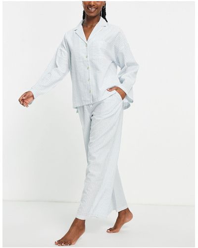 Lindex Cotton Seersucker Stripe Revere Top And Wide Leg Trouser Pajama Set - Blue