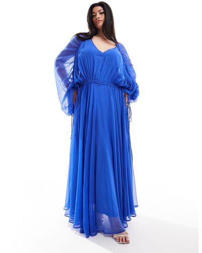 ASOS Curve Extreme Chiffon Gathered Waist Maxi Dress - Blue